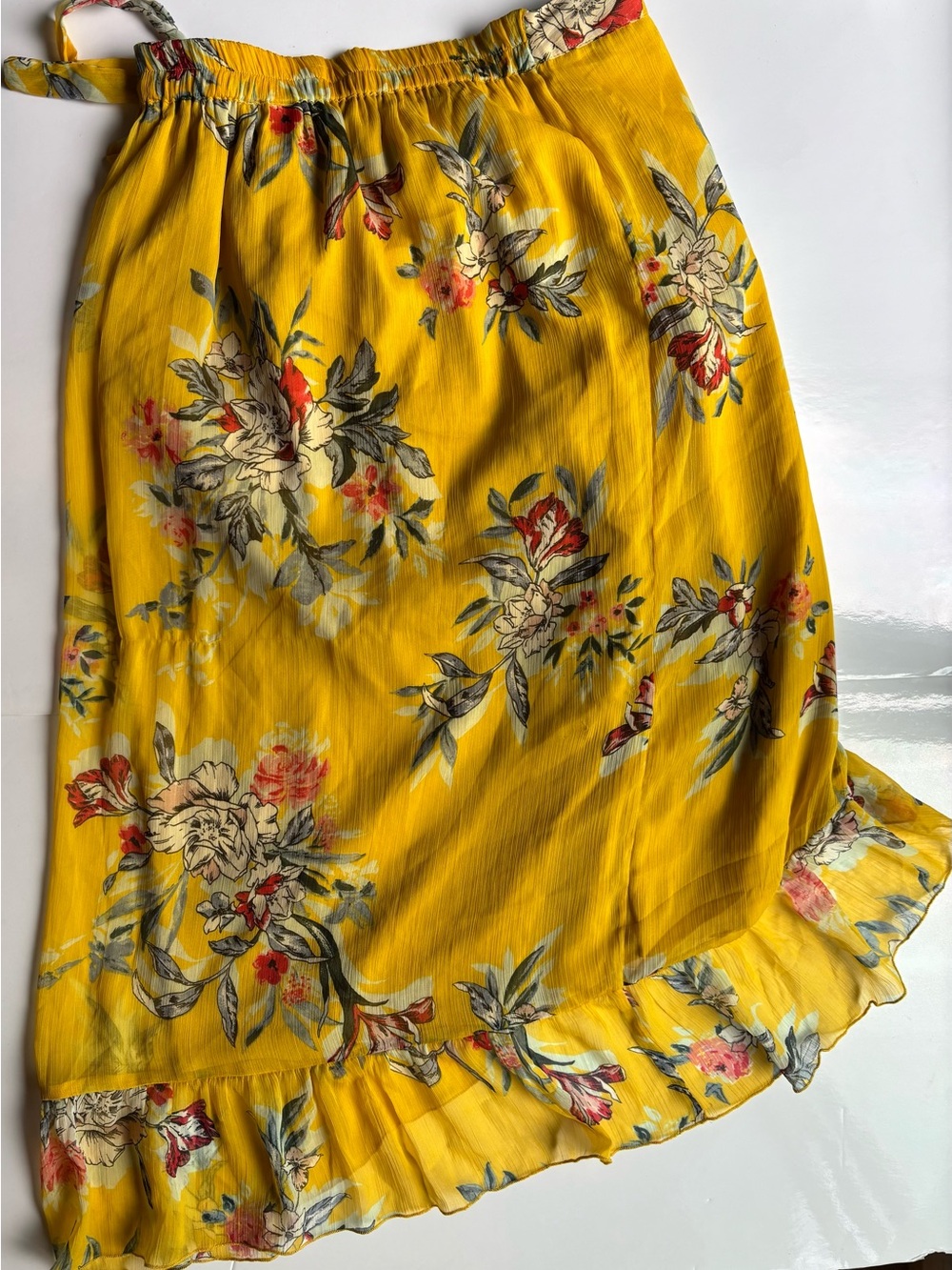 Vero moda yellow mustard floral wrap midi skirt ruffle boho cottagecore summer - Picture 12 of 14